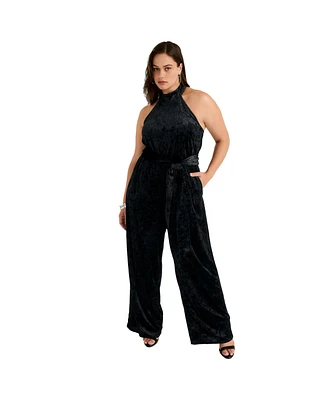 June + Vie Plus Crushed Velvet Halterneck Jumpsuit