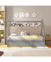 Wooden Tent Platform House Bed with 2 Drawers