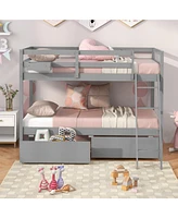 Durable Wooden Bunk Bed Frame with Built-In Storage Drawers and Ladder for Small Bedrooms