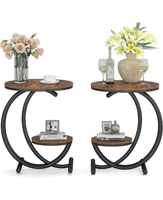 Tribesigns Round Side Table Set of 2, Industrial 2-Tier End with Storage Shelf