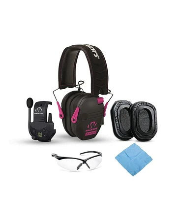 Walkers Razor Slim Electronic Muff (Black/Pink) Bundle with Walkie Talkie Gel Filled Earpad and Glasses