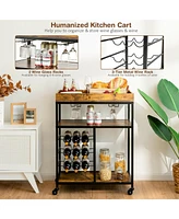 3-Tier Wood Rolling Kitchen Serving Cart with 9-Bottle Wine Rack for Convenient Storage and Serving