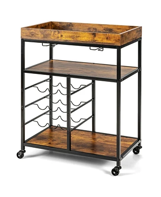 3-Tier Wood Rolling Kitchen Serving Cart with 9-Bottle Wine Rack for Convenient Storage and Serving