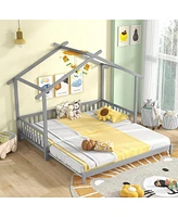 Extendable House Bed to King Daybed with Roof and Fence Rails