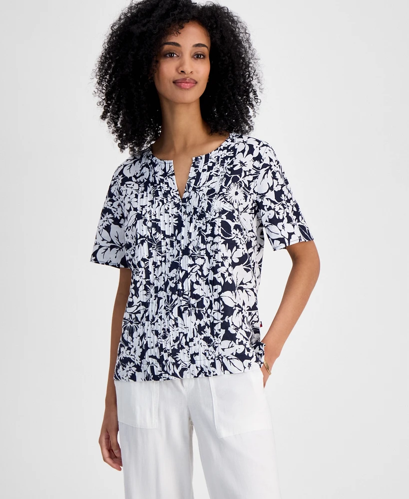Tommy Hilfiger Women's Floral-Print Linen-Blend Pintucked Top