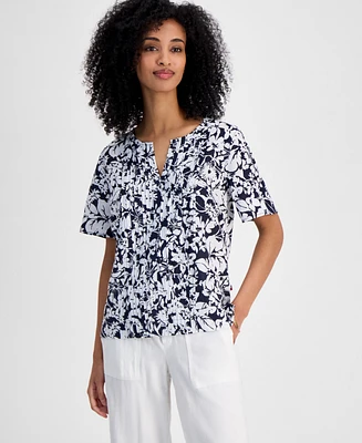 Tommy Hilfiger Women's Floral-Print Linen-Blend Pintucked Top