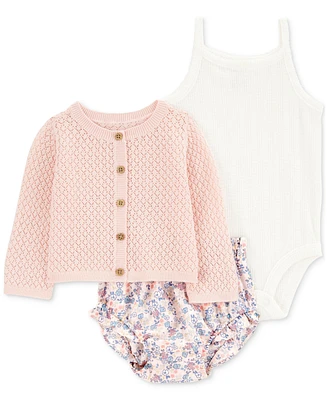 Carter's Baby Girls 3-Pc. Cotton Cardigan, Bodysuit & Floral-Print Shorts Set