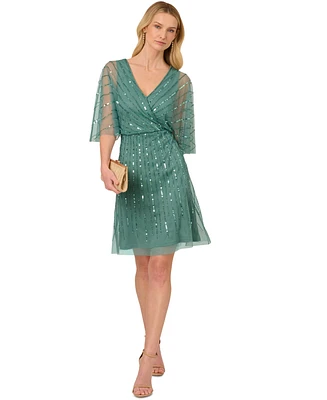 Adrianna Papell Bead Embellished Flutter-Sleeve A-Line Dress