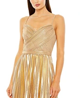 Women's Metallic Slim Strap Deep V Pleated Gown