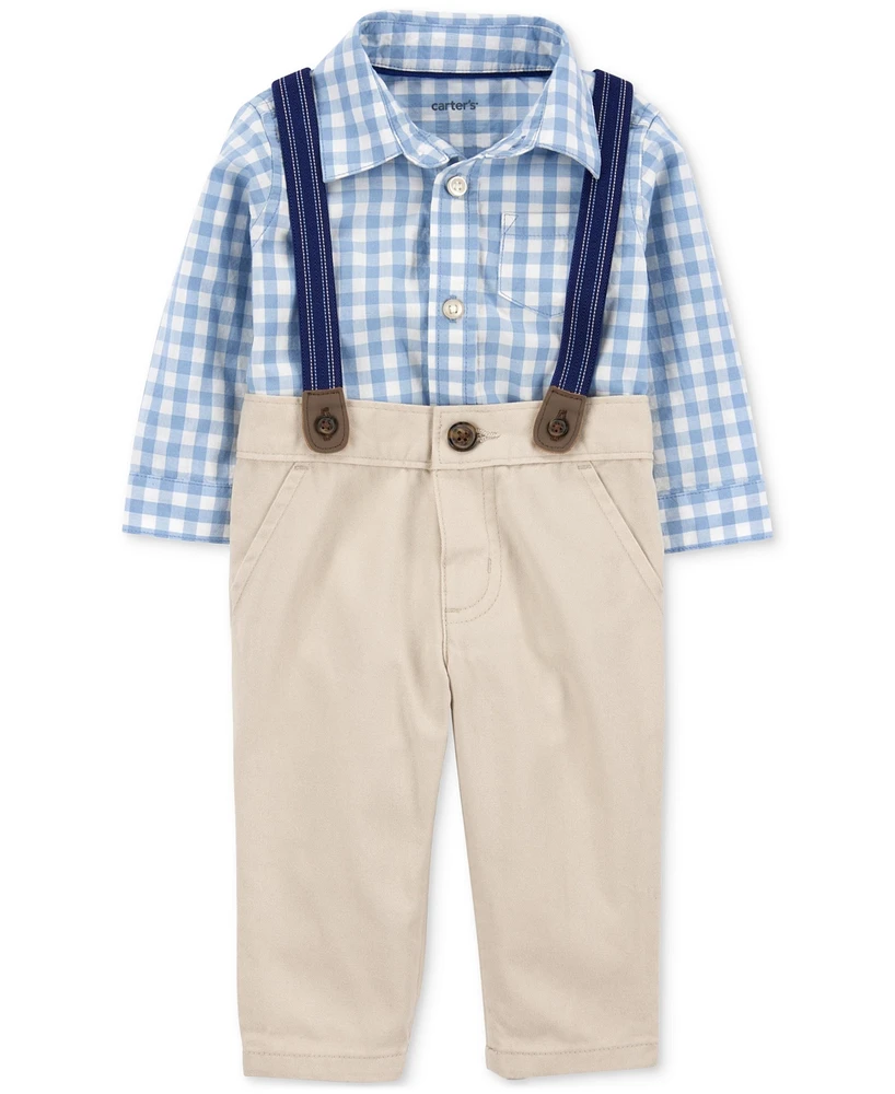 Carter's Baby Boys 3-Pc. Cotton Gingham Bodysuit, Pants & Suspenders Set