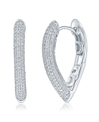 Sterling Silver, 'V' Shaped Pave Cz Hoop Earrings