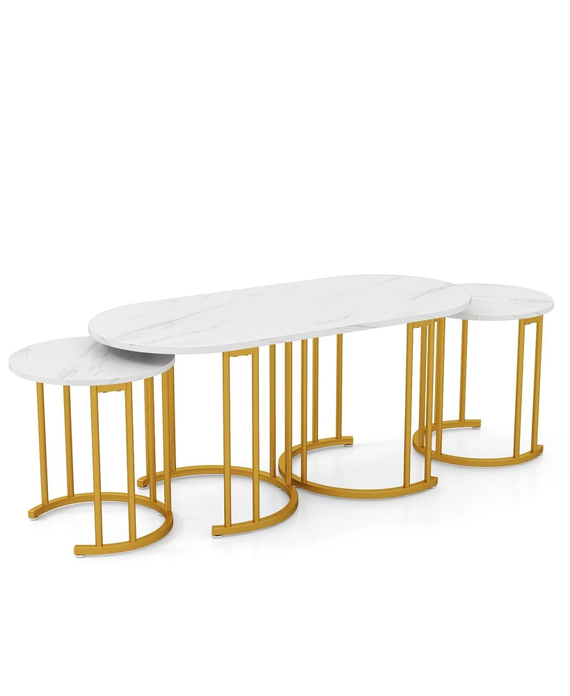 Nesting Coffee Table Set of 3 with Faux Marble Tabletop and Powder-coated Metal Frame