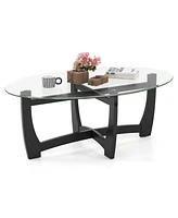 Oval Coffee Table with Tempered Glass Tabletop and Rubber Wood Legs