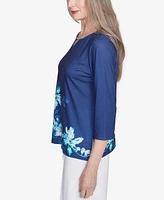 Alfred Dunner Women's Nantucket Asymmetric Floral Beaded Split Neck Top