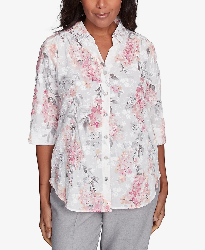 Alfred Dunner Women's Estate of Mind Collared Button Front Hydrangea Top