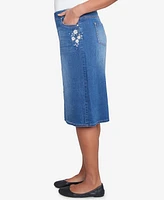 Alfred Dunner Women's Flower Power Floral Embroidered Pull-On Denim Skirt