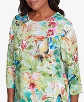 Alfred Dunner Women's Parrot Cay Tropical Toucan Crew Neck Top