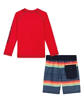 Quiksilver Little and Toddler Boys Long Sleeve Rashguard Striped Boardshorts, 2 Piece Set