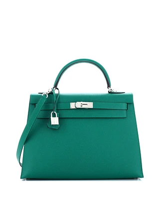 Pre-Owned HERMES Kelly 32 Handbag Green Epsom with Palladium Hardware
