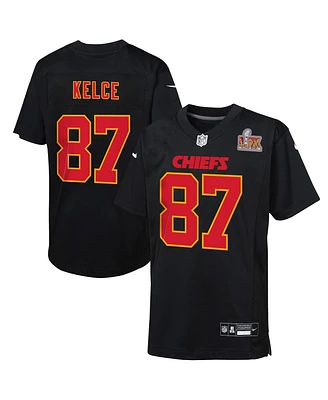 Nike Big Boys and Girls Travis Kelce Carbon Black Kansas City Chiefs Super Bowl Lix Patch Fashion Game Jersey