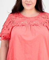Tommy Hilfiger Plus Lace Yoke Short-Sleeve Top