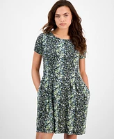 Connected Petite Printed Round-Neck Fit & Flare Dress