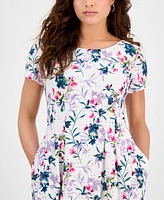 Connected Petite Floral Short-Sleeve Fit & Flare Dress