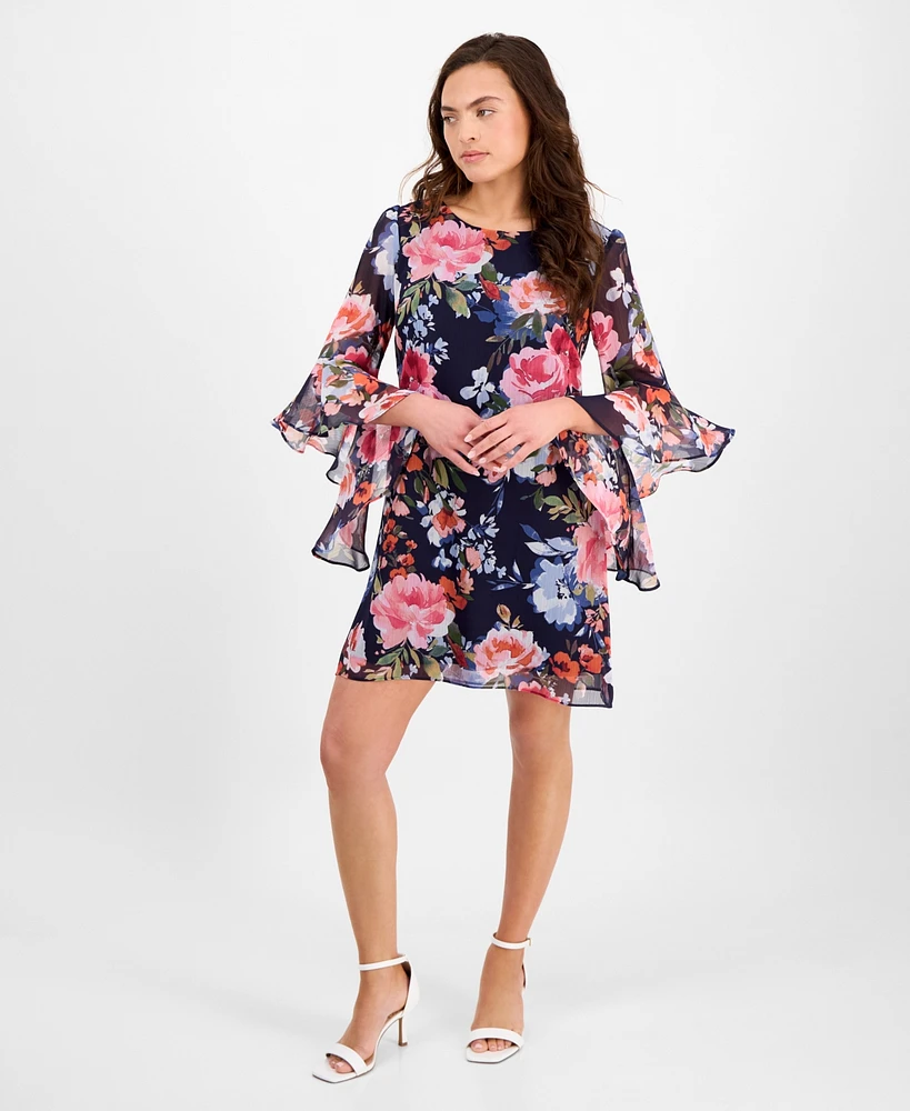 Connected Petite Floral-Print Bell Flare-Sleeve Dress