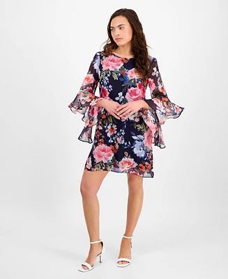 Connected Petite Floral-Print Bell Flare-Sleeve Dress