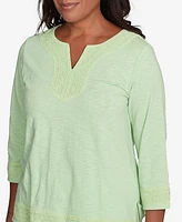 Alfred Dunner Petite Parrot Cay Solid Split Neck Lace Trim Top