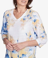 Alfred Dunner Petite Flower Power Floral Textured V Neck Top