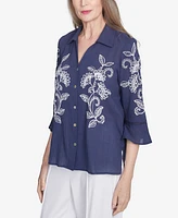 Alfred Dunner Petite Nantucket Embroidered Marine Button Front Collared Neckline Top