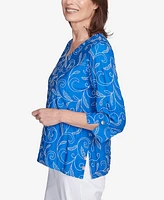 Alfred Dunner Petite Parrot Cay Scroll Embroidered Cuff Sleeve Top