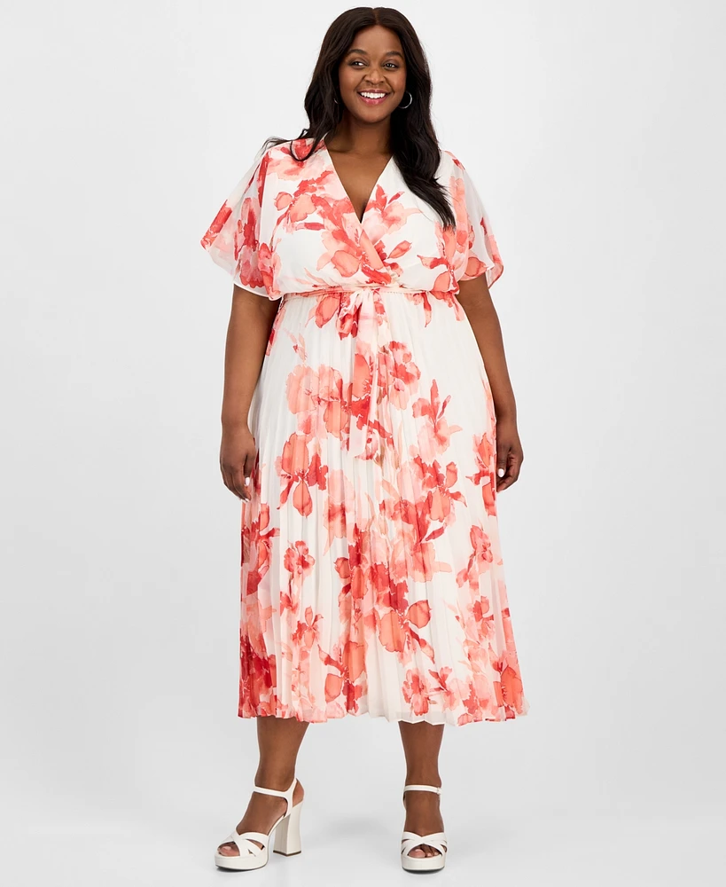Sandra Darren Plus Printed-Chiffon Flutter-Sleeve Dress