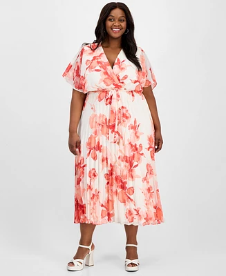 Sandra Darren Plus Printed-Chiffon Flutter-Sleeve Dress