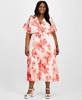 Sandra Darren Plus Printed-Chiffon Flutter-Sleeve Dress