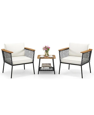 3 Piece Patio Furniture Set Rattan Chair Set with 2-Tier Coffee Table