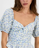 Kingston Grey Juniors' Printed Sweetheart-Neck Puff-Sleeve Top