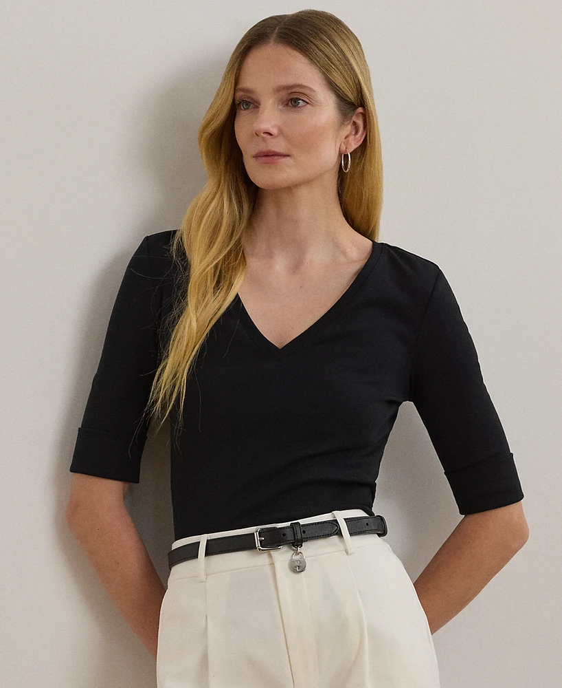 Lauren Ralph Petite Stretch Cotton Elbow-Sleeve V-Neck Tee