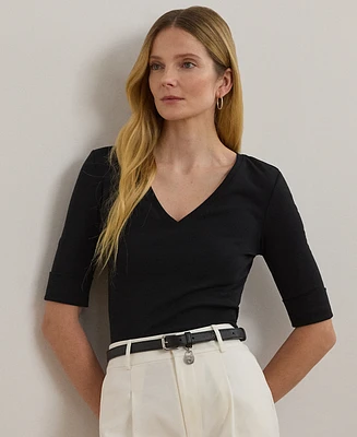 Lauren Ralph Petite Stretch Cotton Elbow-Sleeve V-Neck Tee
