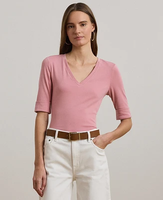 Lauren Ralph Petite Stretch Cotton Elbow-Sleeve V-Neck Tee
