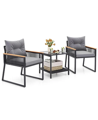 3 Pieces Patio Furniture Set with 2 Tier Coffee Table and Soft Seat Cushions