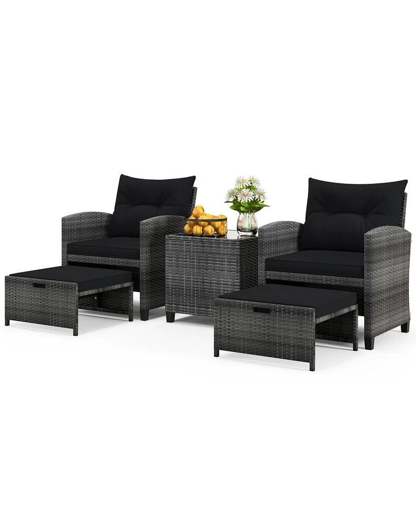 5 Piece Patio Rattan Furniture with 2 Ottomans and Tempered Glass Coffee Table