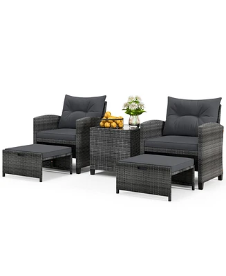 5-Piece Outdoor Rattan Furniture Set with 2 Ottomans and Glass Coffee Table