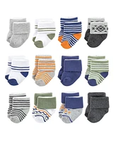 Luvable Friends Cotton Rich Baby Terry Socks 24-Pack, Orange Blue Stripe, 0-6 Months