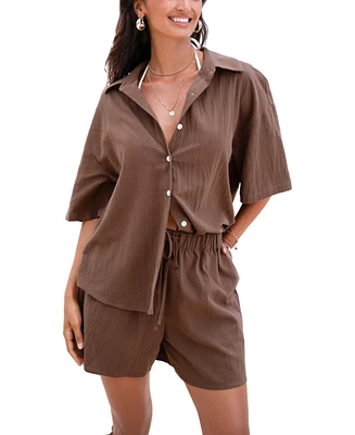 Women's Brown Short Sleeve Shirt & Straight Leg Bottoms Set