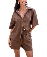 Women's Brown Short Sleeve Shirt & Straight Leg Bottoms Set