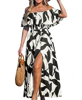 Women's Black & White Tropical Off-Shoulder Maxi Beach Dress