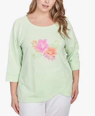 Hearts Of Palm Plus Hibiscus Print 3/4 Sleeve Top