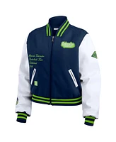 Wear by Erin Andrews Women's Navy/White Minnesota Timberwolves Cropped Varsity Full-Zip Jacket